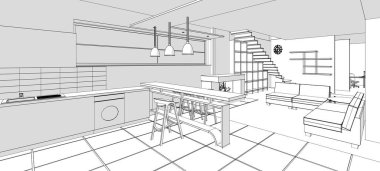 İç mutfak oturma odası 3D görüntü
