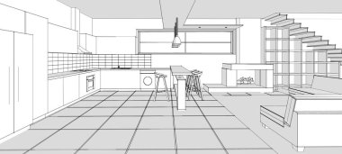 İç mutfak oturma odası 3D görüntü