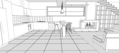 İç mutfak oturma odası 3D görüntü