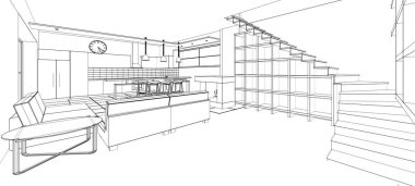 İç mutfak oturma odası 3D görüntü