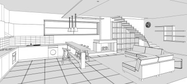 İç mutfak oturma odası 3D görüntü