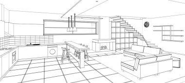 İç mutfak oturma odası 3D görüntü