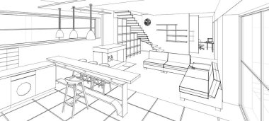 İç mutfak oturma odası 3D görüntü