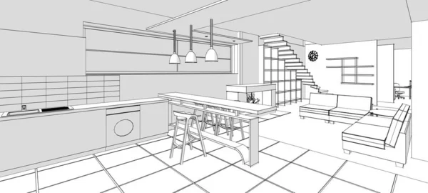Внутренняя Кухня Гостиная Иллюстрация — стоковое фото