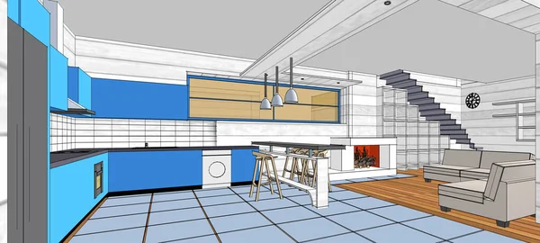 Внутренняя Кухня Гостиная Иллюстрация — стоковое фото