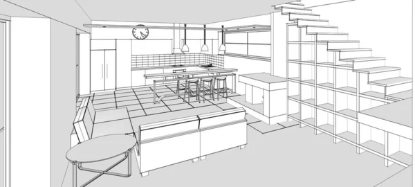 室内厨房客厅3D插图 — 图库照片