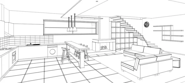 Внутренняя Кухня Гостиная Иллюстрация — стоковое фото