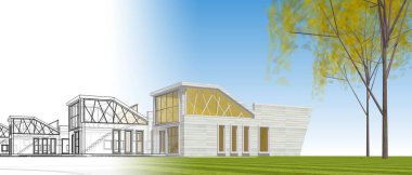 Modern ev çizimi 3d illüstrasyon