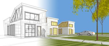 Modern ev çizimi 3d illüstrasyon