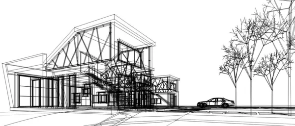 现代房屋草图3D插图 — 图库照片