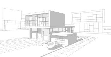 Modern ev çizimi 3d illüstrasyon