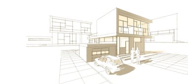 Modern ev çizimi 3d illüstrasyon