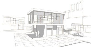 Modern ev çizimi 3d illüstrasyon