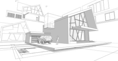 Modern ev çizimi 3d illüstrasyon