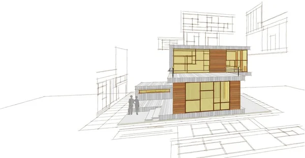 现代房屋草图3D插图 — 图库照片