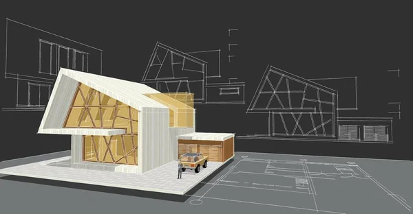 Modern ev çizimi 3d illüstrasyon