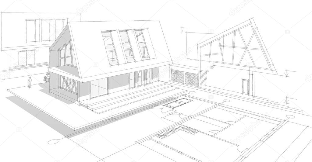 modern house sketch 3d illustration