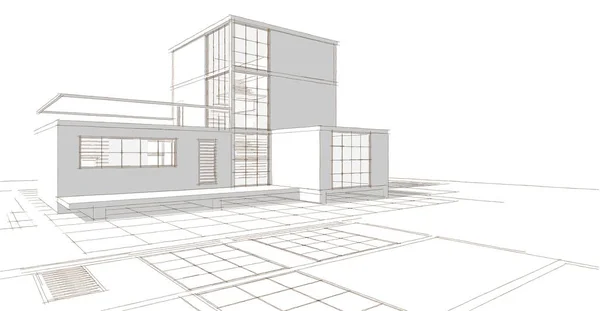 现代房屋草图3D插图 — 图库照片