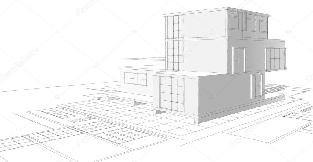 modern house plan sketch 3d illustration