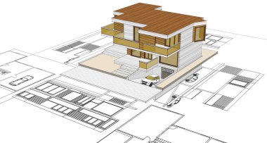 ev mimarisi projesi çizimi 3d illüstrasyon