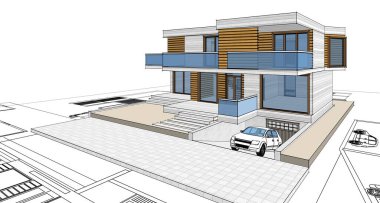 ev mimarisi projesi çizimi 3d illüstrasyon