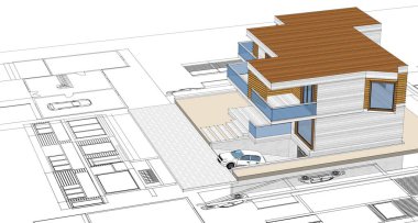 ev mimarisi projesi çizimi 3d illüstrasyon