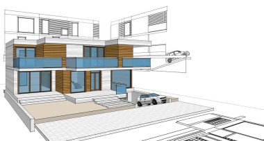 ev mimarisi projesi çizimi 3d illüstrasyon