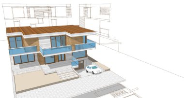 ev mimarisi projesi çizimi 3d illüstrasyon