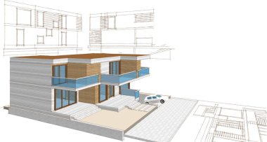 ev mimarisi projesi çizimi 3d illüstrasyon