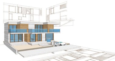 ev mimarisi projesi çizimi 3d illüstrasyon
