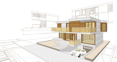 ev mimarisi projesi çizimi 3d illüstrasyon