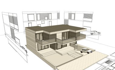 ev mimarisi projesi çizimi 3d illüstrasyon