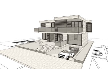 ev mimarisi projesi çizimi 3d illüstrasyon