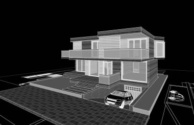 ev mimarisi projesi çizimi 3d illüstrasyon