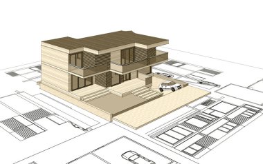 ev mimarisi projesi çizimi 3d illüstrasyon