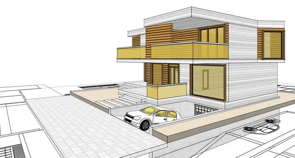 房屋建筑草图3D图解 — 图库照片