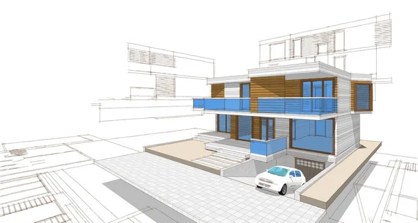 house architectural project sketch 3d illustration