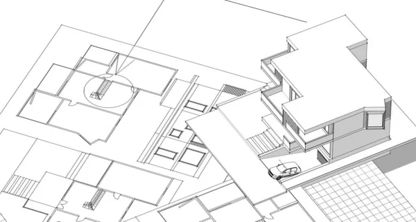 家の計画は建築のスケッチ3Dイラストに直面し — ストック写真