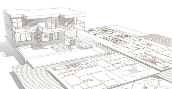 Dom Plan Fasady Architektoniczny Szkic Ilustracja — Zdjęcie stockowe