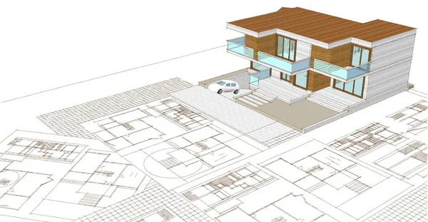 Plano Casa Fachadas Desenho Arquitetônico Ilustração — Fotografia de Stock