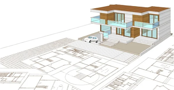 Dom Plan Fasady Architektoniczny Szkic Ilustracja — Zdjęcie stockowe