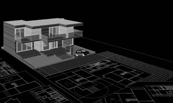 家の計画は建築のスケッチ3Dイラストに直面し — ストック写真
