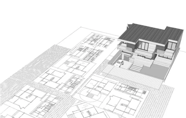 Haus Plan Fassaden Architektonische Skizze Illustration — Stockfoto