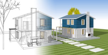 ev mimarisi çizimi 3d illüstrasyon