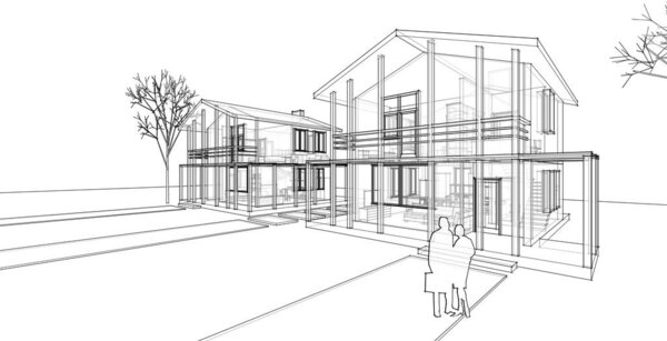 архитектурный эскиз дома 3D иллюстрация