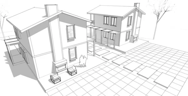 房屋建筑草图3D插图 — 图库照片