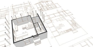 ev mimarisi çizimi 3d illüstrasyon