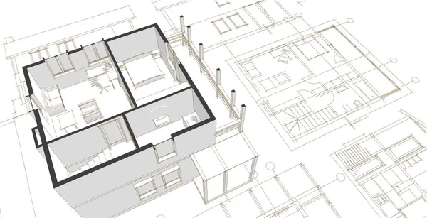 房屋建筑草图3D插图 — 图库照片