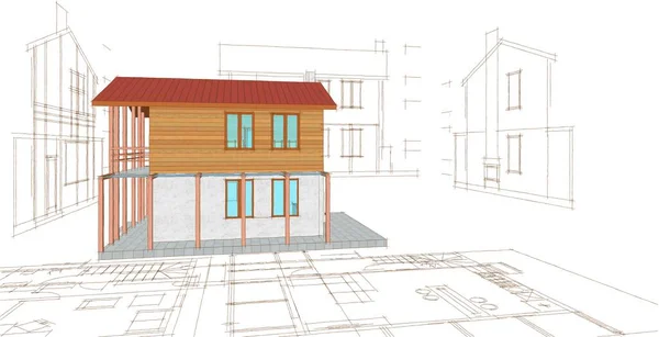 房屋建筑草图3D插图 — 图库照片