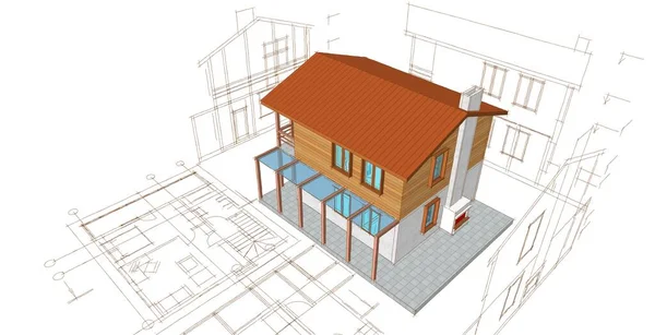 房屋建筑草图3D插图 — 图库照片